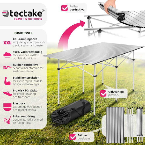 tectake Campingbord i aluminium, hopfällbart 140 x 70 x 70cm grå