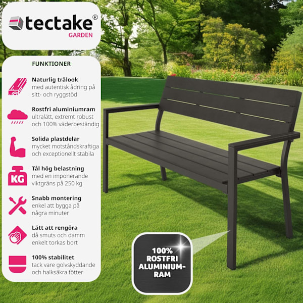 tectake Trädgårdsbänk Line 2-sits med aluminiumram 128x59x88cm Mörkgrå