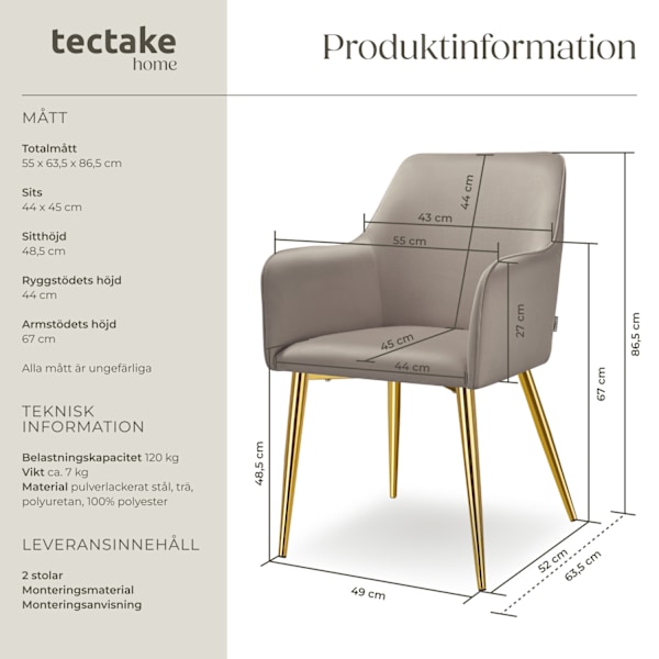 tectake Fåtölj Avane, i sammet, stoppad -  Uppsättning av 2 taupe