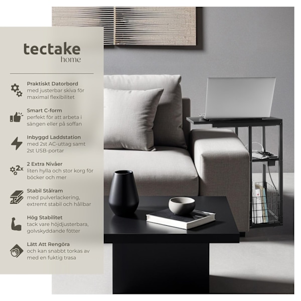tectake Datorbord Rhea, C-form, med laddstation Svart