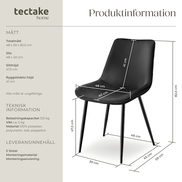tectake Set med stolar i sammetslook Monroe -  Uppsättning av 2 Svart