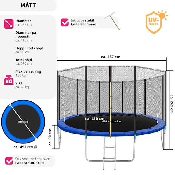 tectake Studsmatta Garfunky med skyddsnät , upp till 80 kg - 457 cm Blå