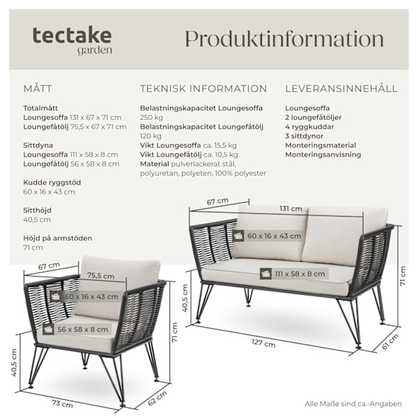 tectake Loungeset Sundo i repdesign Grafitgrå