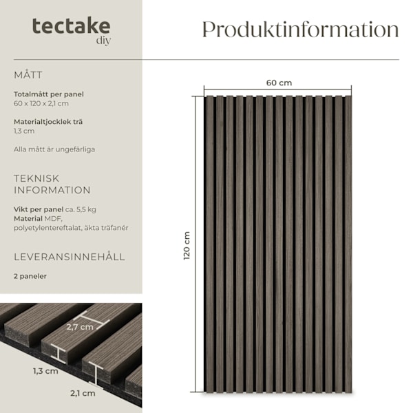 tectake Akustikpaneler Sonic Wall i träutseende -  Uppsättning av 2 Ek grå