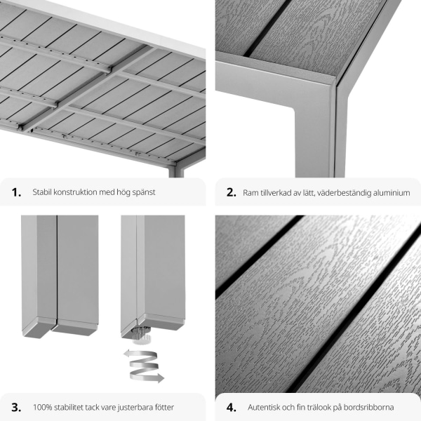 tectake Trädgårdsbord i aluminium Bianca höjdjusterbara fötter 150x90x74,5cm grå