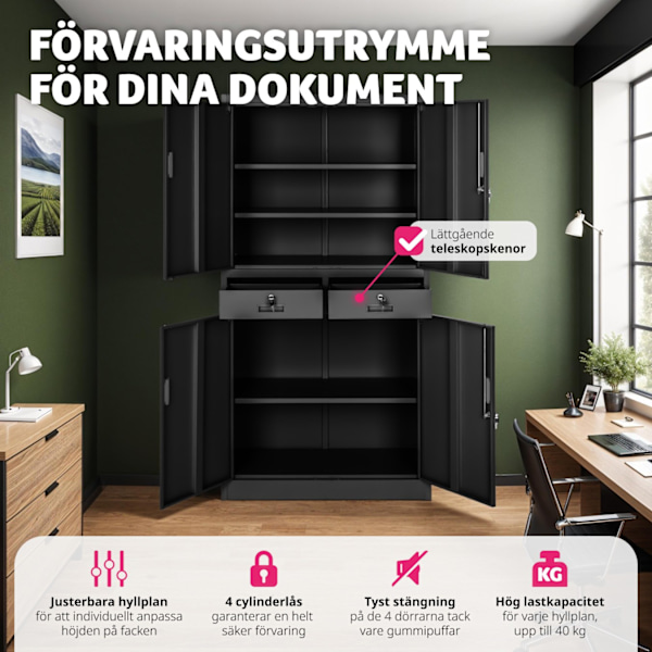 tectake Arkivskåp Cosmo med 2 dörrar 40x80x180 cm, låsbar Svart
