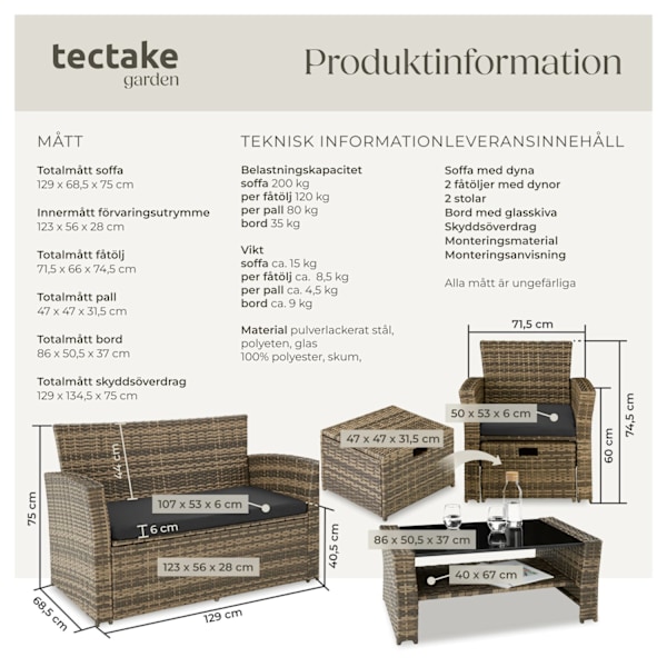 tectake Loungegrupp i konstrotting Modena inkl. skyddsöverdrag Natur