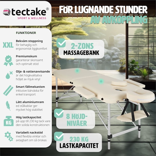 tectake 2-zons massagebänk med aluminiumram och bärväska Beige