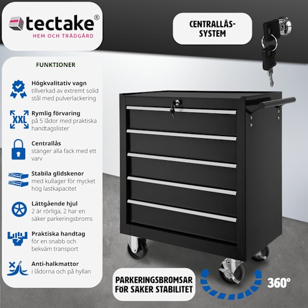 tectake Verktygsvagn med 5 lådor Svart