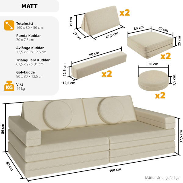 tectake Leksoffa Lilly, 8-delad, med sovfunktion - 160 cm Beige