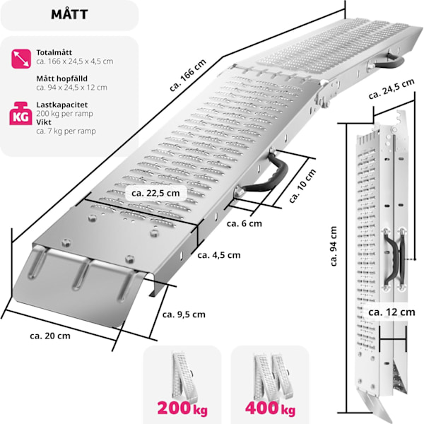 tectake Lastramp Björn, 2-pack, hopfällbara, 400kg lastkapacitet - 166 cm Silver