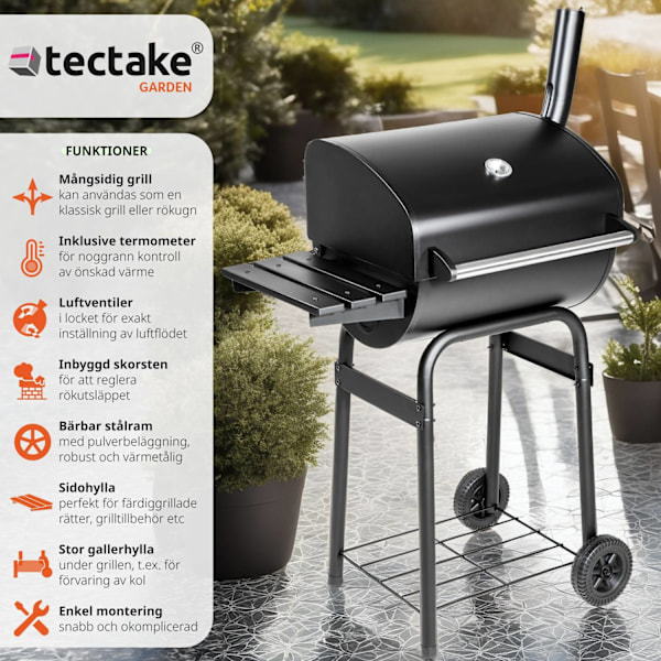 tectake BBQ träkolsgrill av pulverlackerad metall Svart