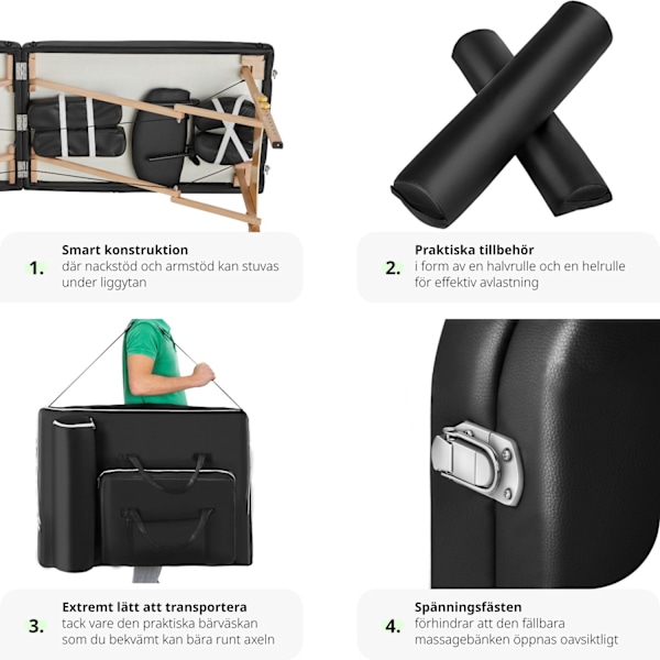 tectake Set 2-zons massagebänk inklusive massagerullar och bärväska Svart