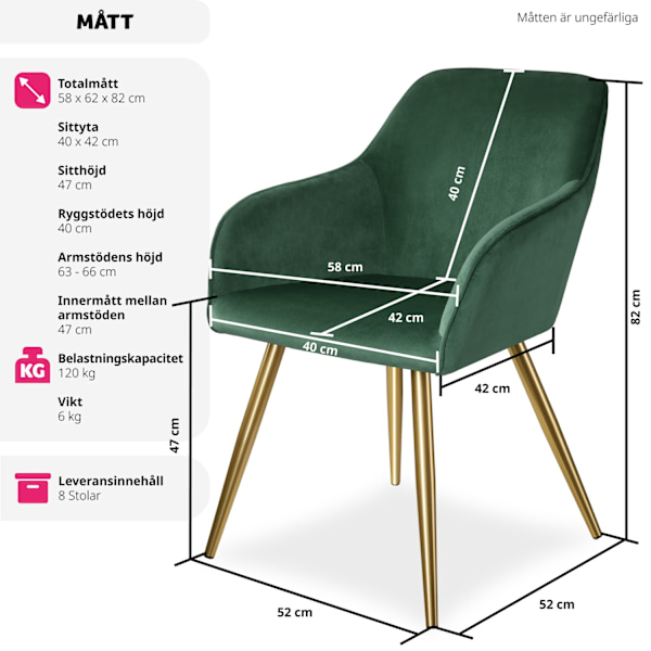 tectake Karmstol Marilyn i guld -  Uppsättning om 8 Mörkgrön