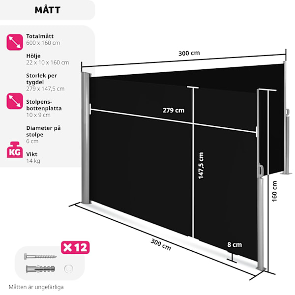 tectake Sidomarkis dubbel i Aluminium - 160 x 600 cm Svart