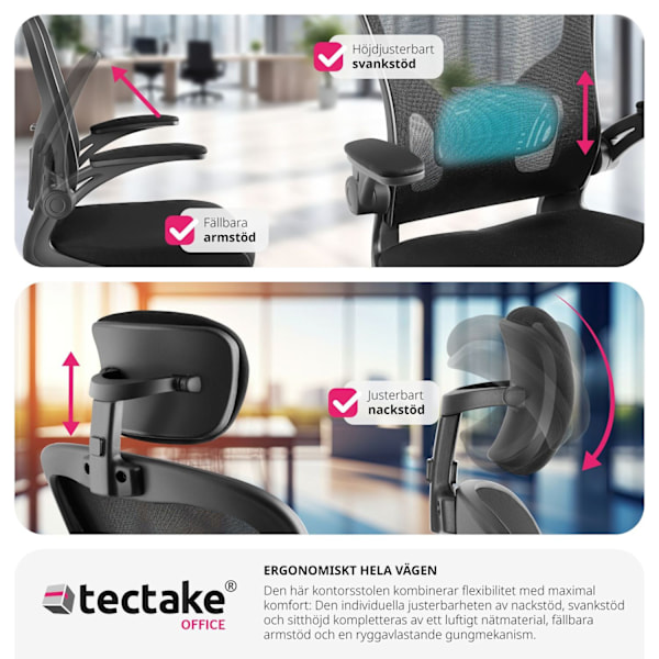 tectake Skrivbordsstol Arges, ergonomisk med justerbart nackstöd Svart