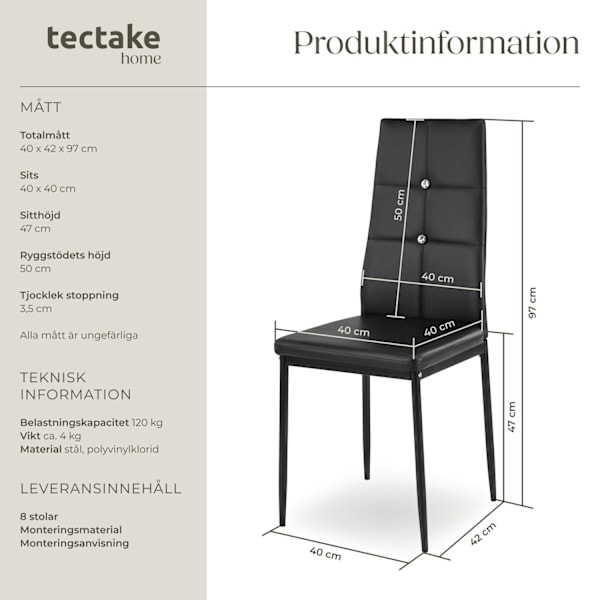 tectake Set matstolar Julien -  Uppsättning om 8 Svart