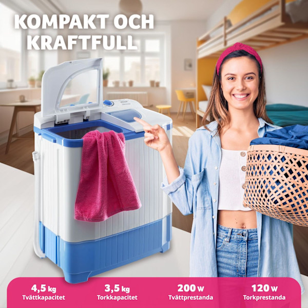 tectake Liten tvättmaskin 4,5 kg med centrifug Vit