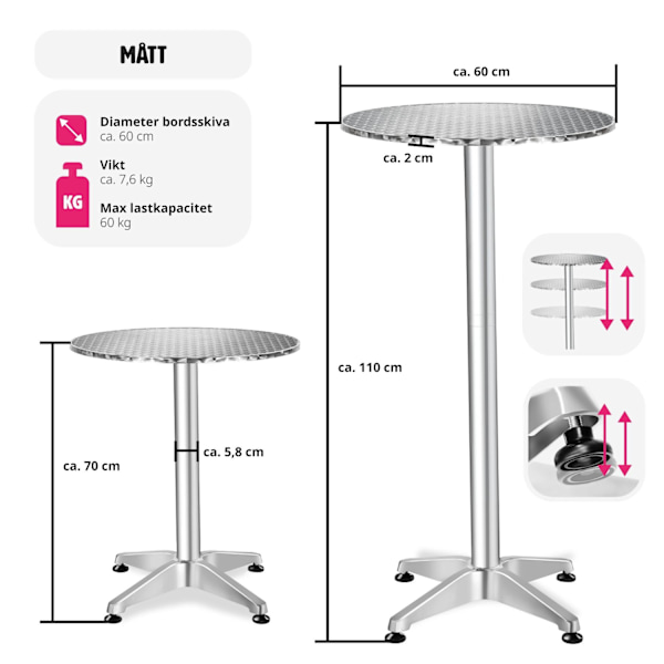 tectake Cafébord i aluminium Ø60cm justerbart i höjdled - 5,8 cm grå