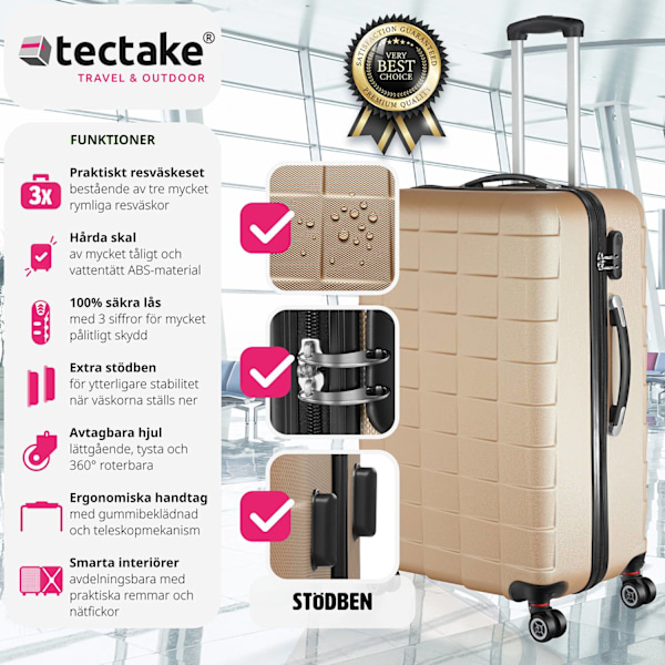 tectake Resväskor 3 stycken set i hardcase, Hårda resväskor Champagne