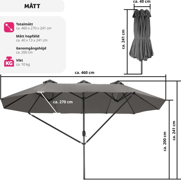 tectake Parasoll Silia 460x270cm med 3 vindskydd grå