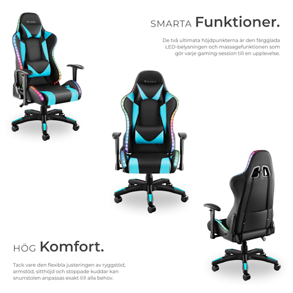 tectake Gamingstol Tartaros, LED, massagefunktion Azurblå