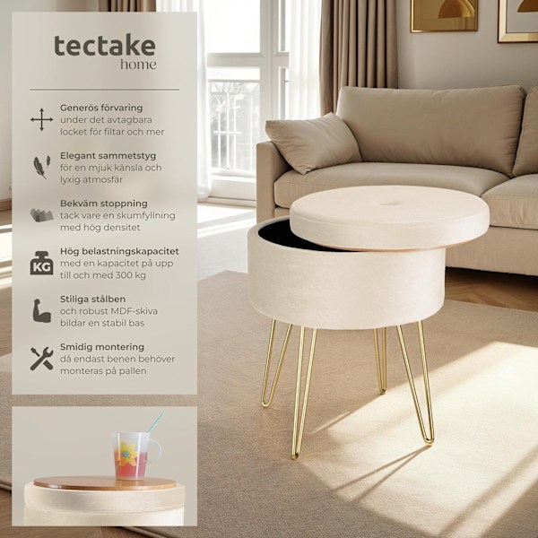 tectake Sittpuff med förvaringsutrymme Ava Grädde