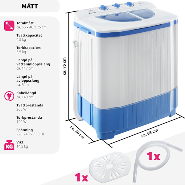 tectake Liten tvättmaskin 4,5 kg med centrifug Vit