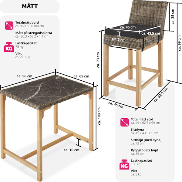 tectake Rotting barbord Kutina med 2 stolar Latina Natur