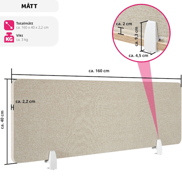 tectake Skrivbordsvägg, avskiljare Noisy med rundade hörn - 160 x 40 cm Beige