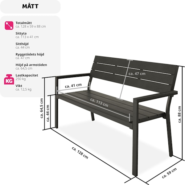 tectake Trädgårdsbänk Line 2-sits med aluminiumram 128x59x88cm Mörkgrå