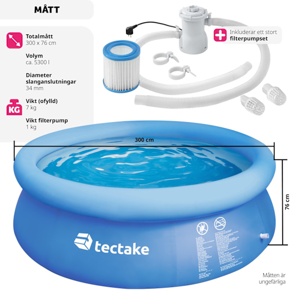 tectake Pool rund med filterpump Ø 300 x 76 cm Blå