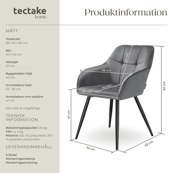 tectake Stol Marilyn, sammet, vadderad -  Uppsättning om 6 Svart