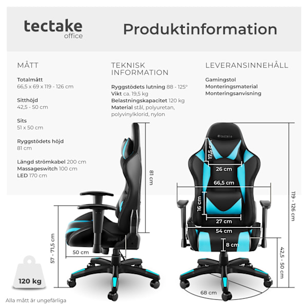 tectake Gamingstol Tartaros, LED, massagefunktion Azurblå