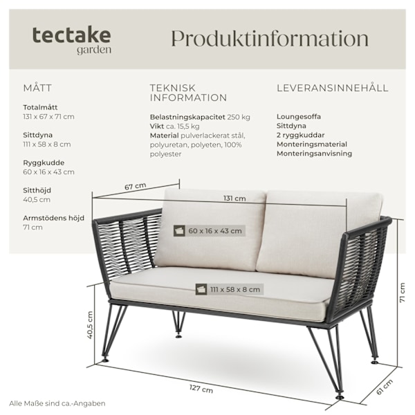tectake Utesoffa Sundo med konstrotting i repdesign Grafitgrå