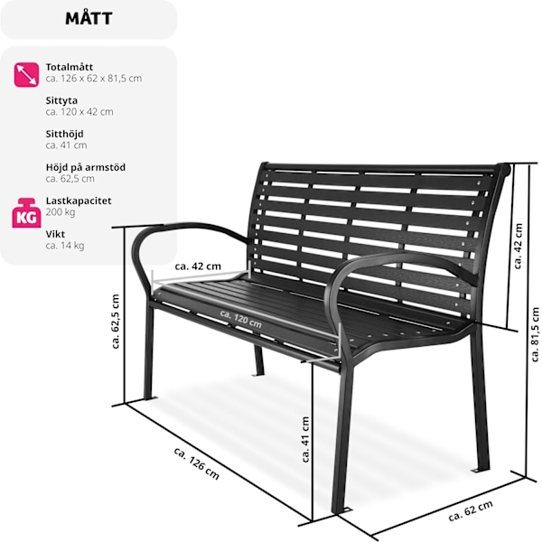 tectake Trädgårdsbänk Pino 3-sits 126x62x81,5cm Svart