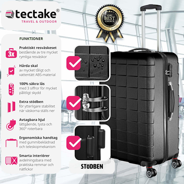 tectake Resväskor 3 stycken set i hardcase, Hårda resväskor Svart