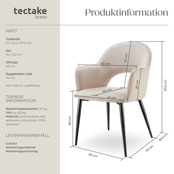 tectake Sachel fåtölj, sammetslook, klädd, 120 kg -  Uppsättning om 6 Grädde