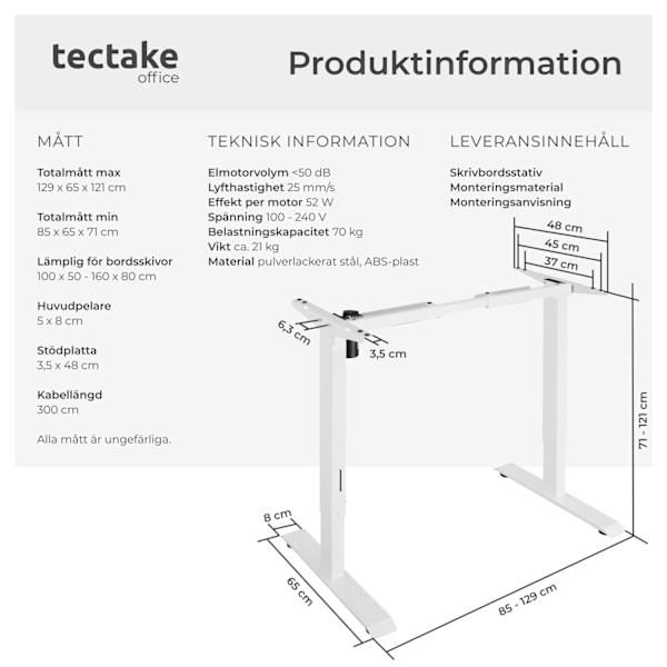 tectake Höj- och sänkbart skrivbordsstativ Yannick Vit