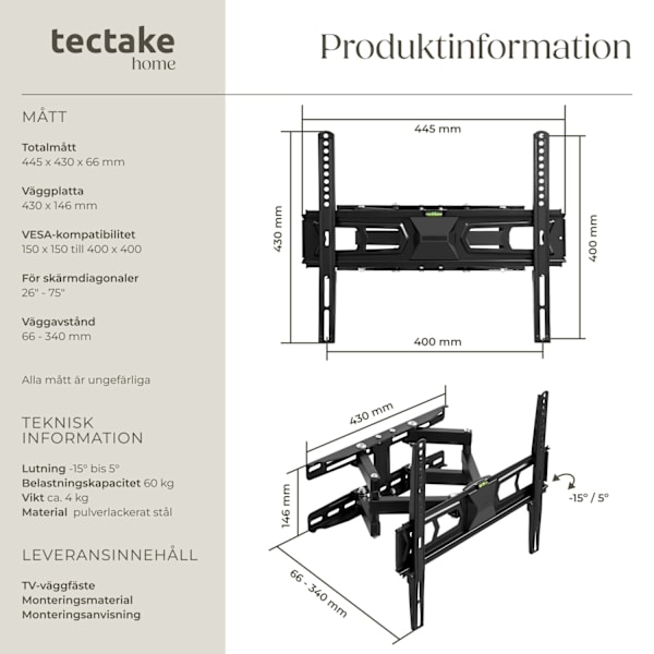 tectake Väggfäste TV 32-55 tum lut-och vridbar Svart
