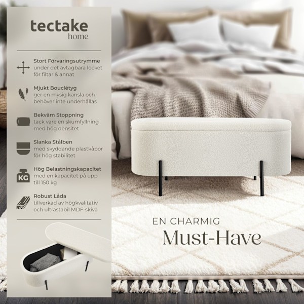 tectake Vadderad sittbänk med förvaring, Lanja Bouclé cremevit