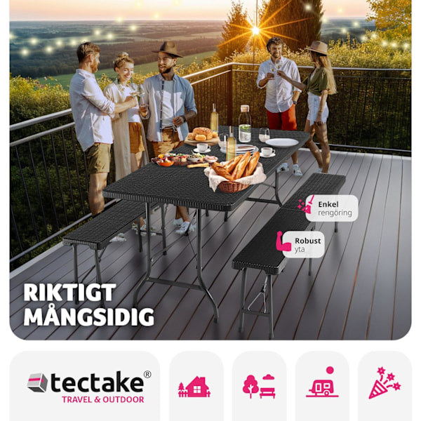 tectake Hopfällbar Campingbordsgrupp Vani i konstrotting Svart