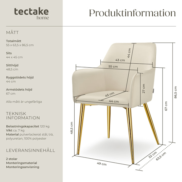 tectake Fåtölj Avane, i sammet, stoppad -  Uppsättning av 2 Beige