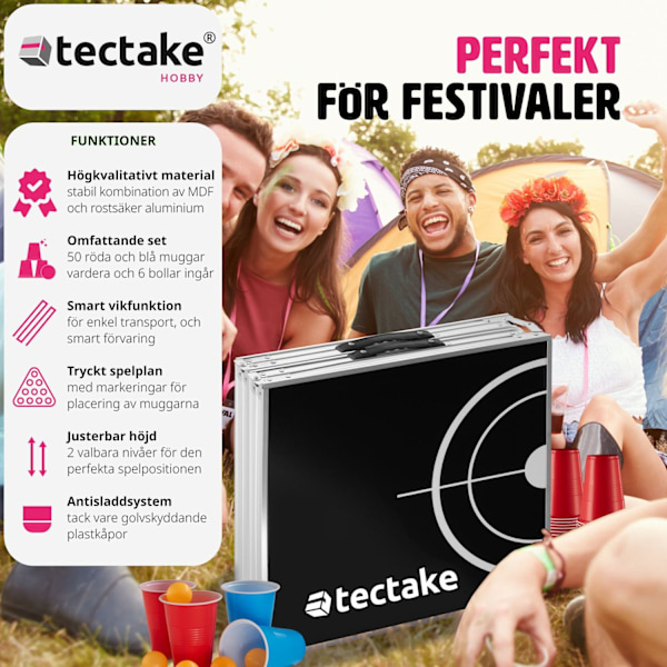 tectake Beerpong-bord Brew Battle, hopfällbar och höjdjusterbar Svart