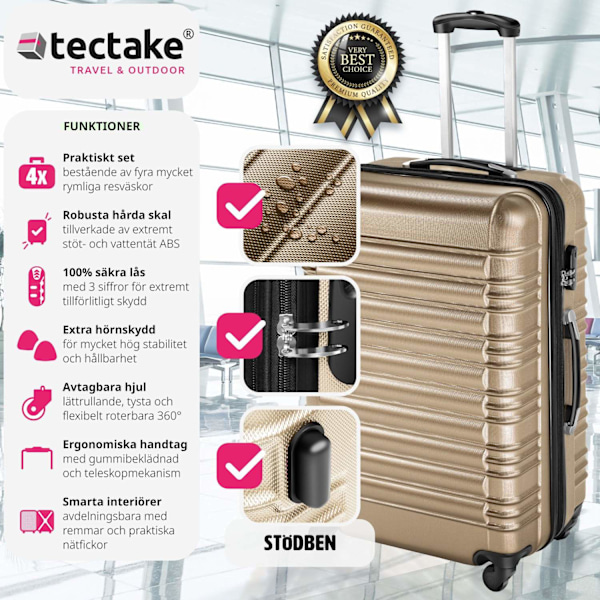 tectake Resväskeset 4 stycken med hårt skal Champagne