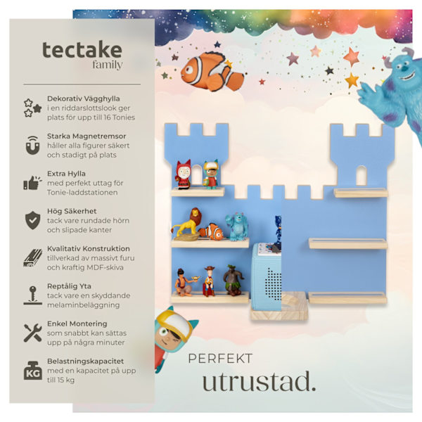 tectake Vägghylla MyLittleStory Fortress för upp till 16 Tonies Blå