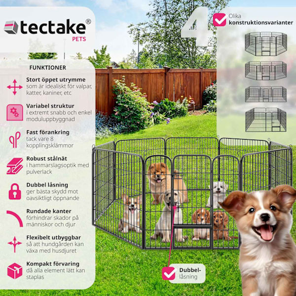 tectake Hundgård, hundhage 8 sektioner - 80 cm grå