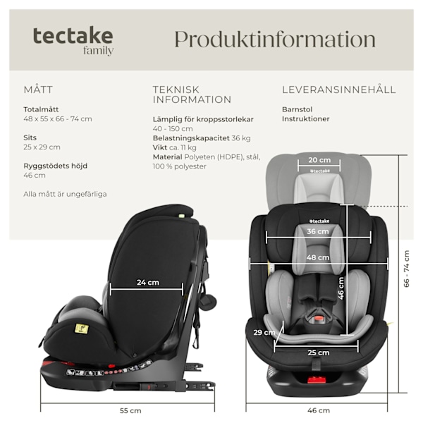 tectake Roterbar bilbarnstol Linus, i-Size godkänd, ISOFIX Ljusgrå