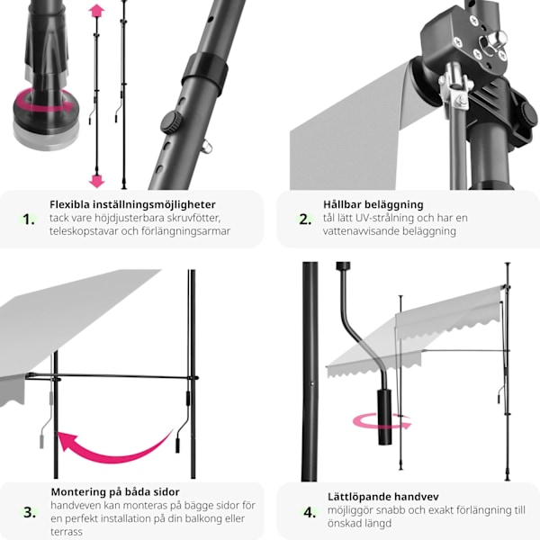 tectake Spännmarkis och soltak med handvev, höjdjusterbar - 200 x 180 cm Ljusgrå