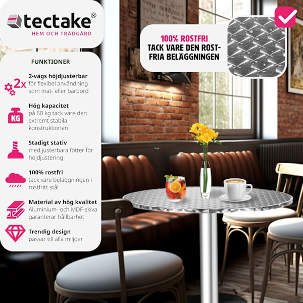 tectake Cafébord i aluminium Ø60cm justerbart i höjdled - 5,8 cm grå
